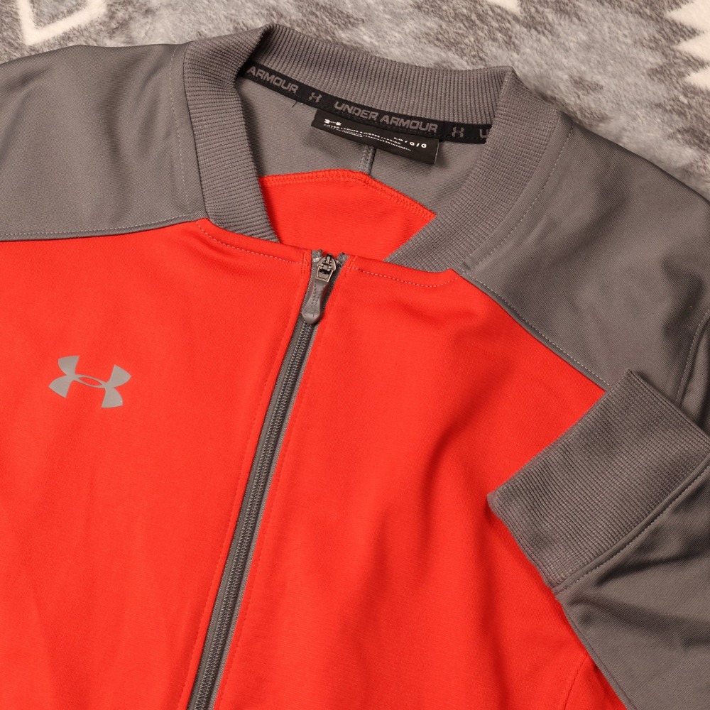 Under Armour Mens Large Orange Gray Full Zip Fitted Track Jacket Bomber Style